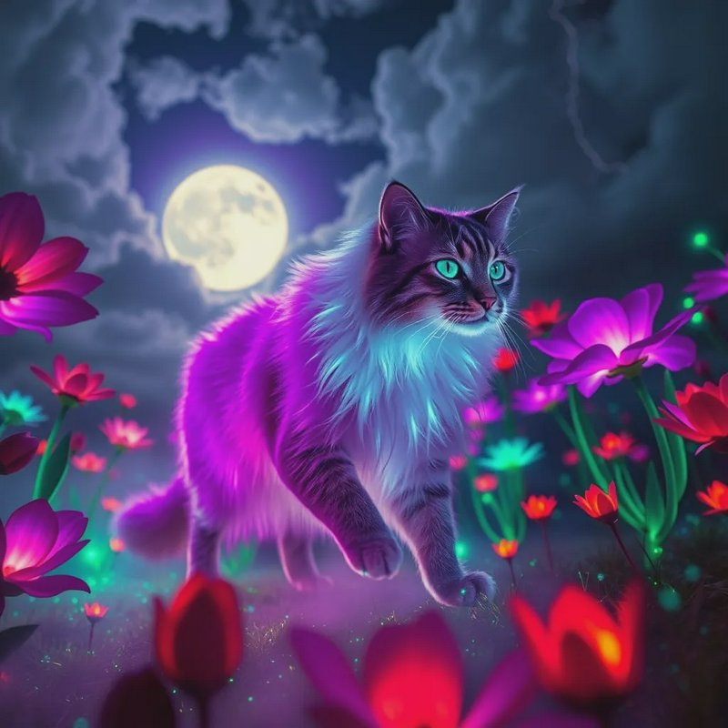 Neon-lit fluffy cat leaping through a moonlit, colorful flower garden.