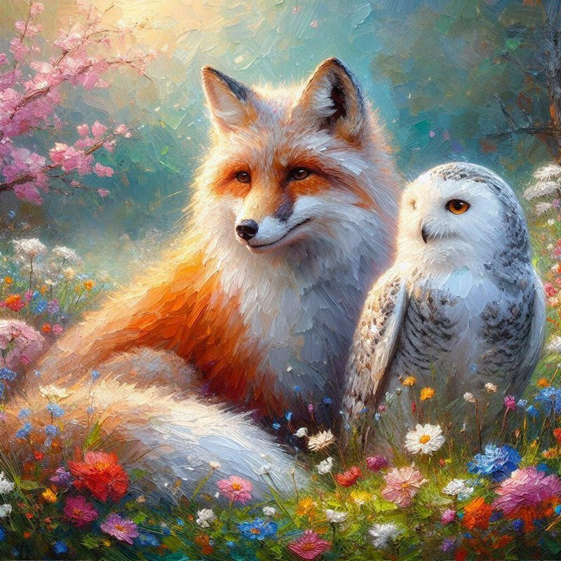 Illustrated fox and snowy owl resting together among colorful field flowers.
