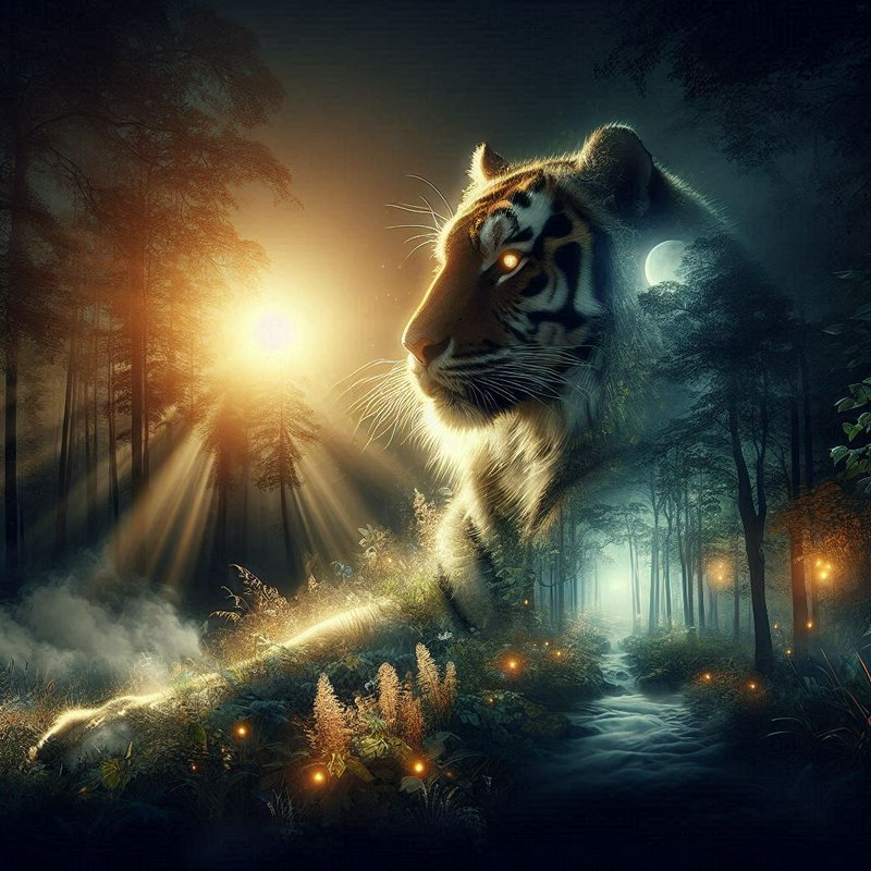 Mystical tiger in a moonlit forest bathed in golden sunbeams and glow