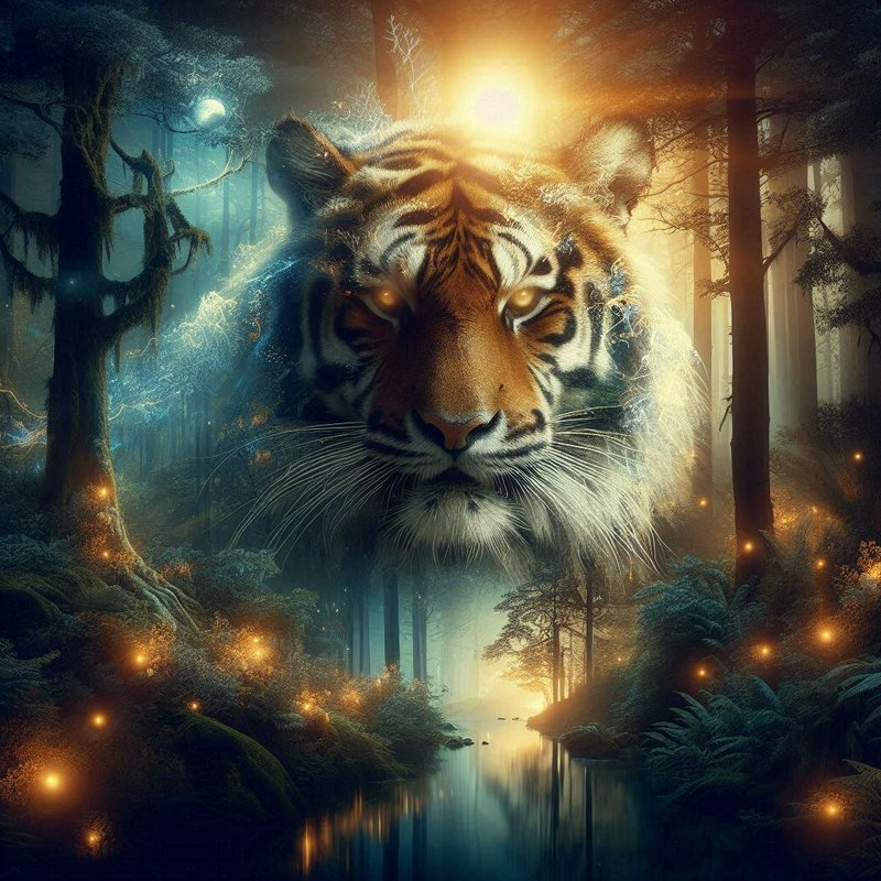 Giant tiger head emerging from a mystical forest with glowing fireflies and a misty river.