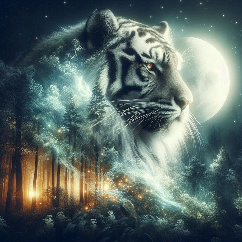 Moonlit fantasy scene with a giant tiger's head emerging from a misty forest