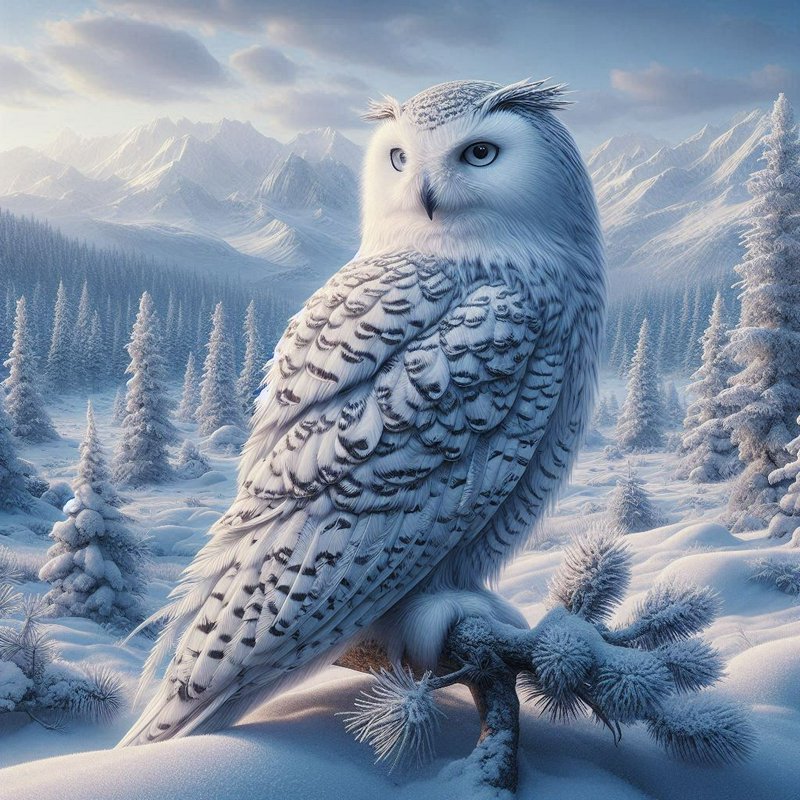 Snowy owl perched on a frost-covered branch in a blue, snowy forest.