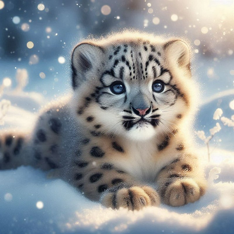 Snow leopard cub with blue eyes resting in snowy winter scene