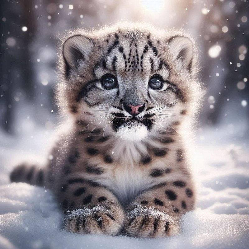 Adorable snow leopard cub resting in snow with falling flakes.