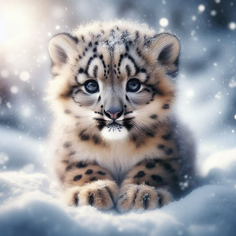 Adorable snow leopard cub in a snowy landscape, facing the camera with icy blue eyes.