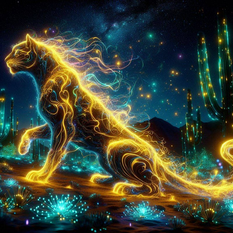 Neon glowing tiger made of electric lines in a desert with turquoise cacti under a starry sky