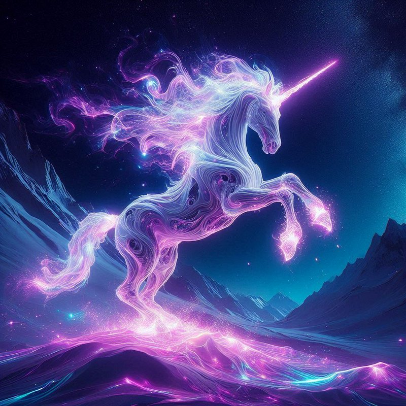 Glowing neon unicorn formed from wispy energy rearing in a snowy mountainous landscape.
