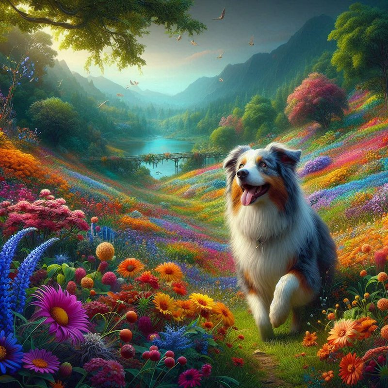 Happy dog runs through a vivid rainbow flower meadow in a magical valley.