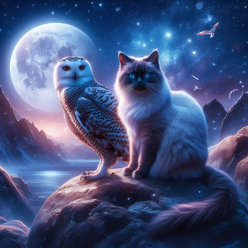 Snowy owl and fluffy cat perched on a moonlit rocky outcrop under a starry night sky.
