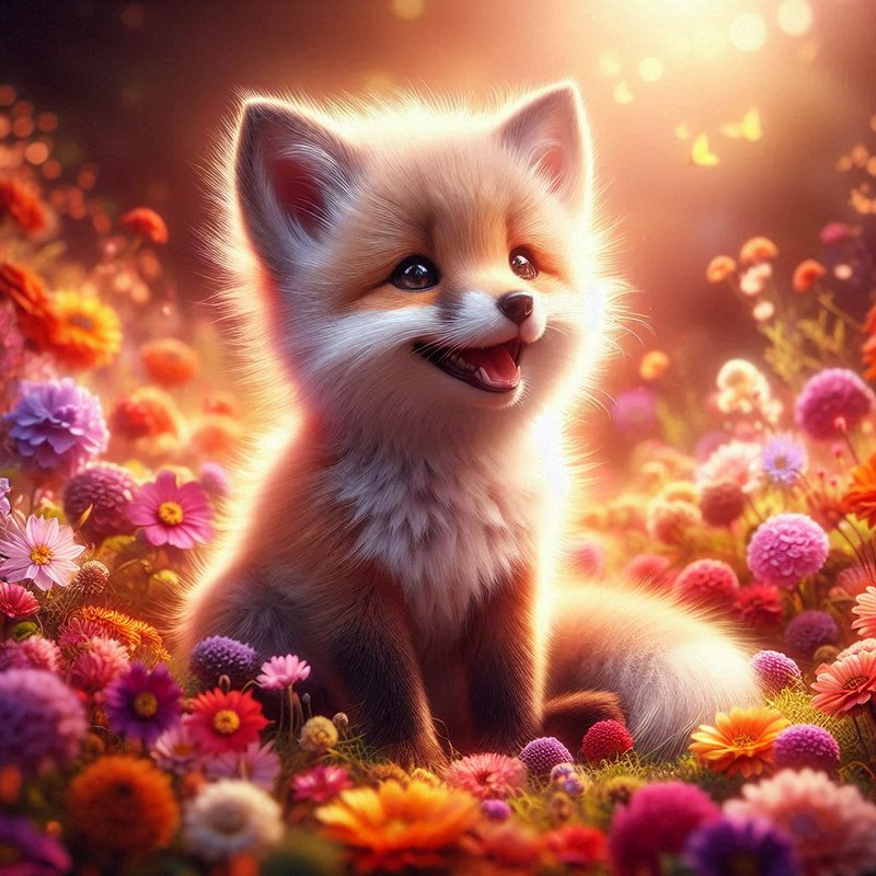 Adorable fluffy fox cub sitting among colorful spring flowers in warm glowing light