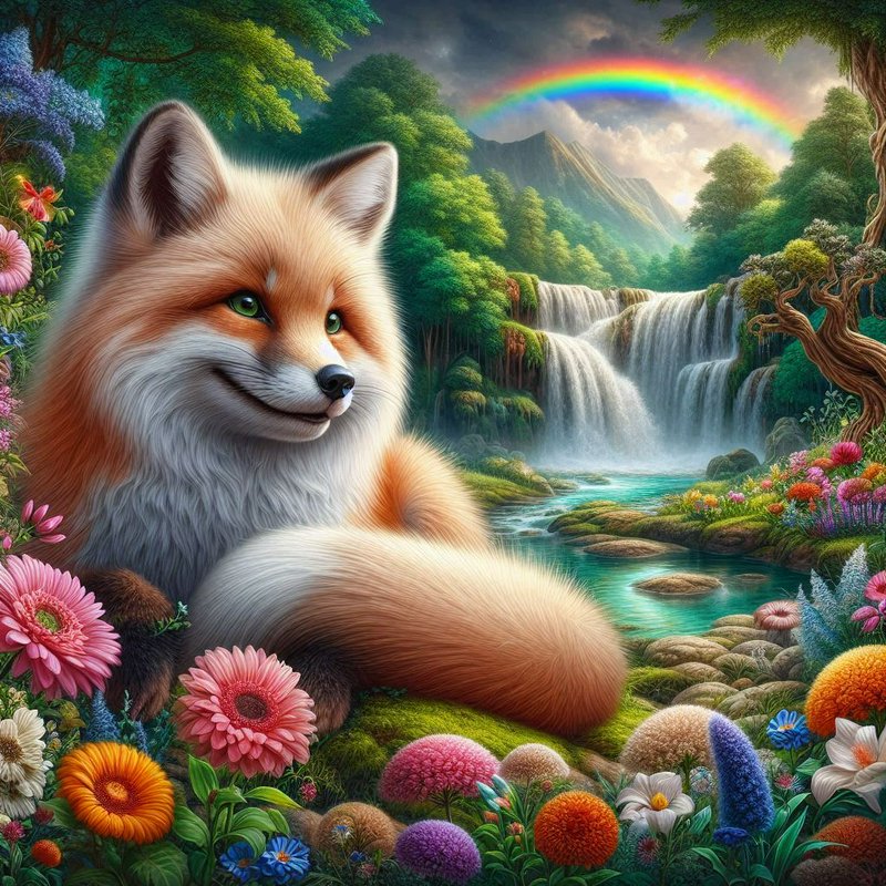 Whimsical fox lounging in a vibrant floral meadow with a waterfall and rainbow