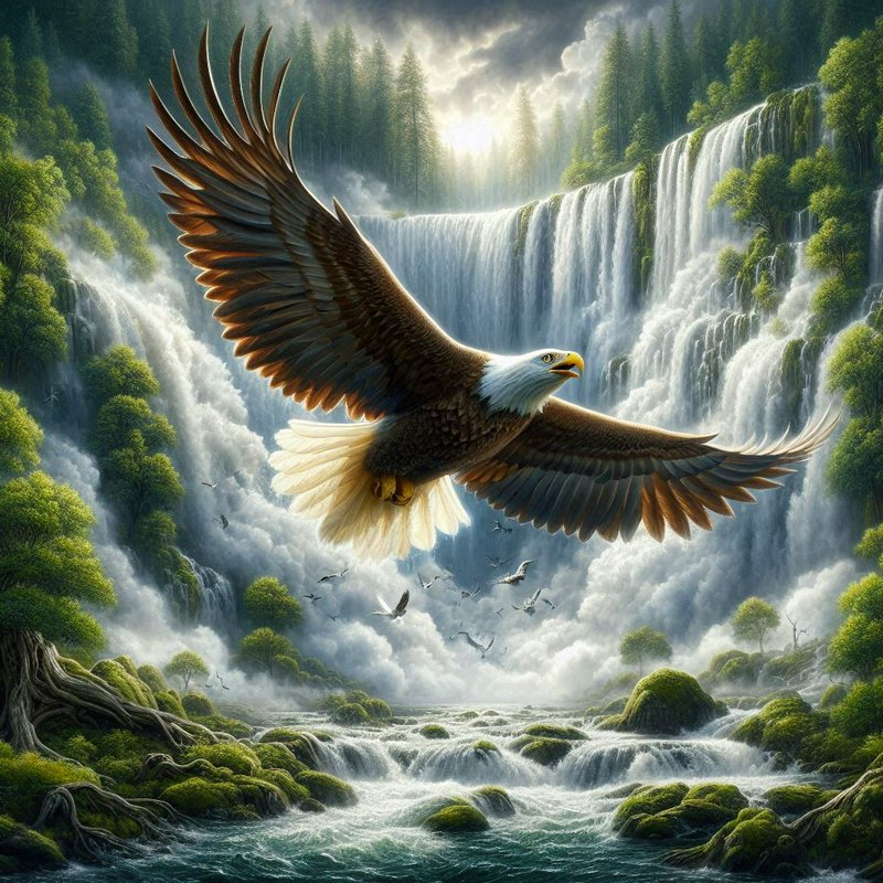 A bald eagle with outstretched wings soars over a lush forest and cascading waterfalls.