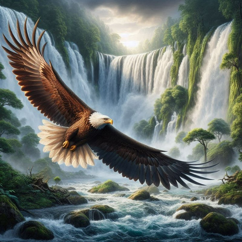 Bold bald eagle soaring over a misty river with cascading waterfalls and lush green forest.