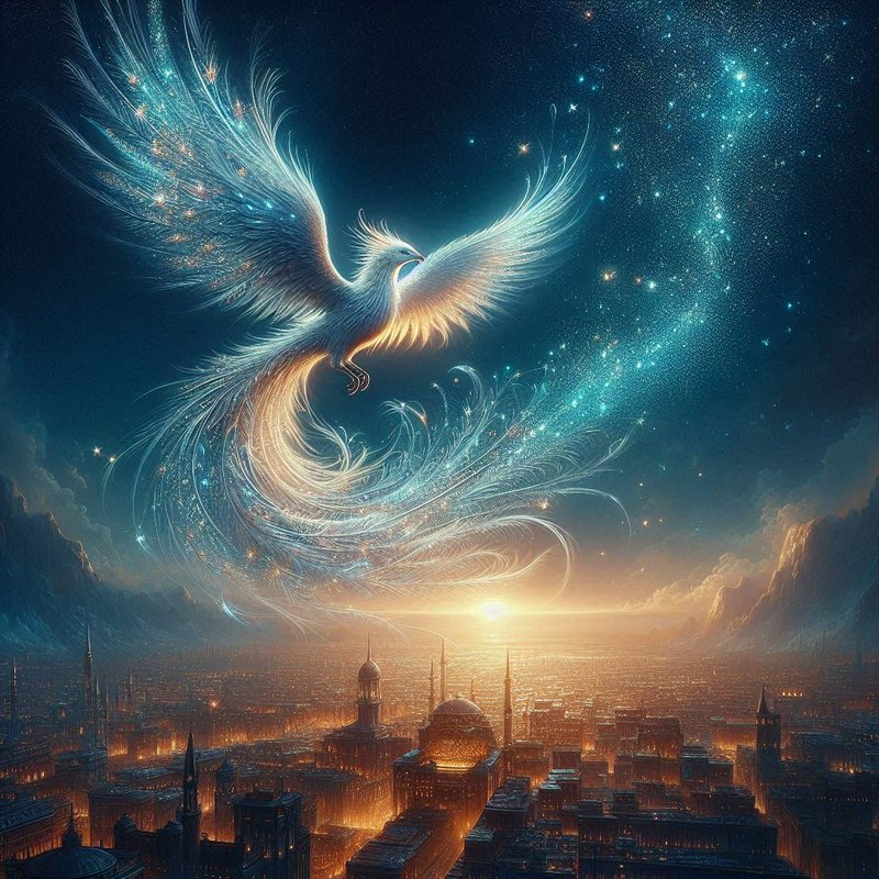 Fantastical phoenix soaring above a glowing city at sunset.