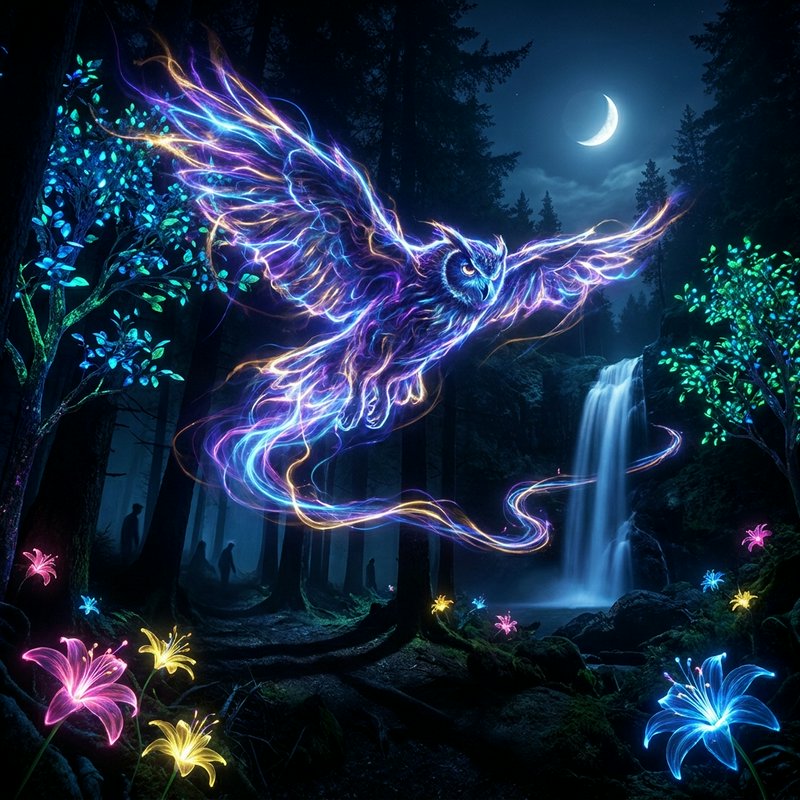Neon-glow owl in a moonlit forest with a waterfall and luminescent flora