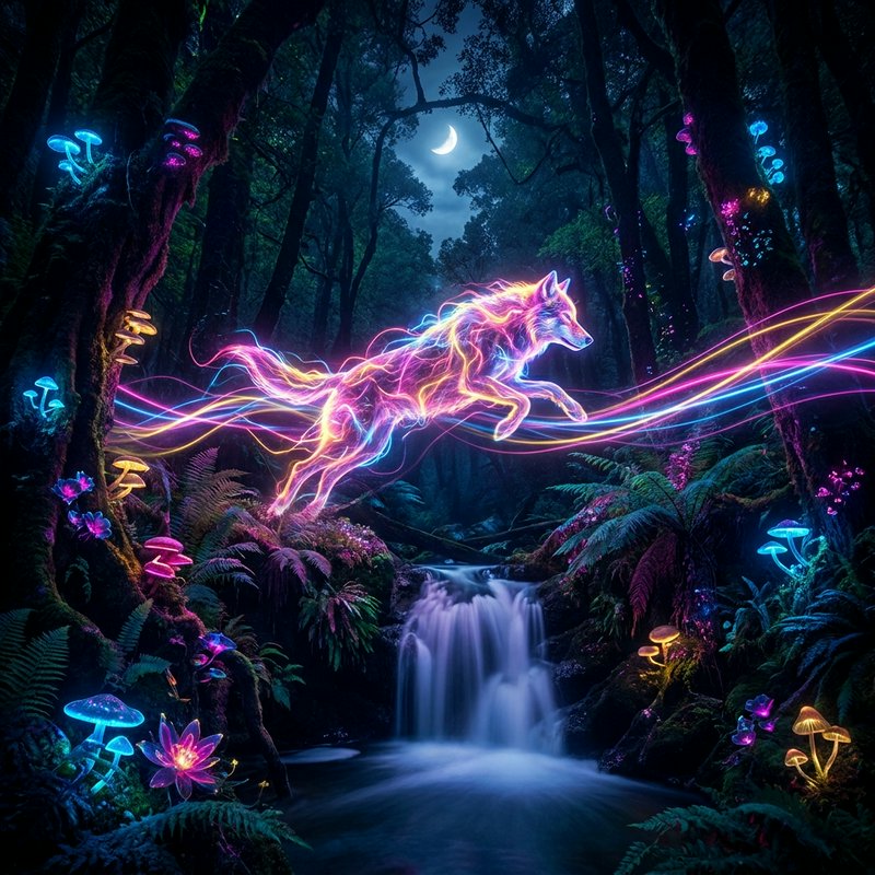 Neon-lit unicorn made of glowing lines flying over a forest stream at night.