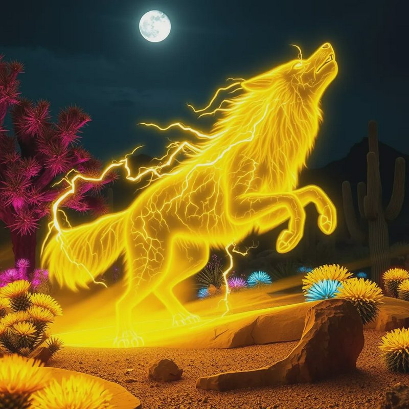 Neon yellow glowing wolf silhouette charging through a desert under a full moon