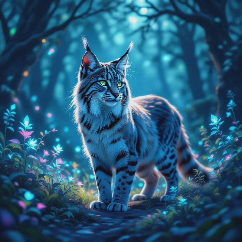 Mystical blue tabby cat with green eyes on a glowing forest path at night.