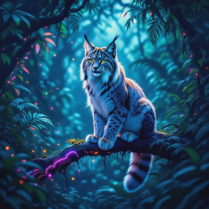 A majestic blue-gray lynx-like cat sits on a glowing branch in a neon jungle.