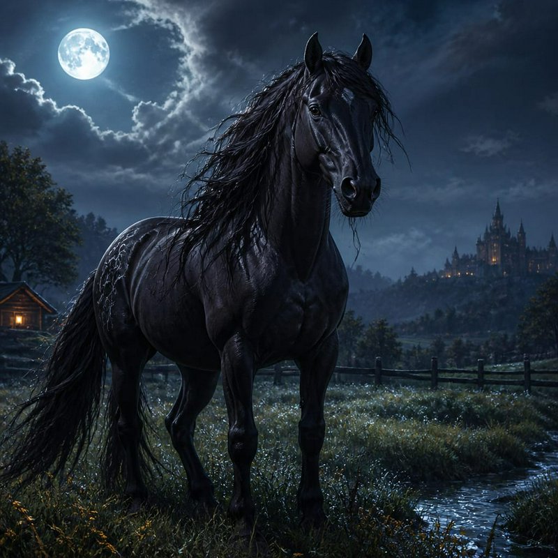 Black horse standing in a moonlit field with a distant castle under a full moon.