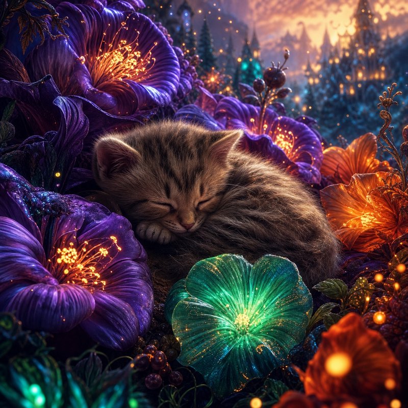 A sleeping kitten nestled among glowing, colorful fantasy flowers in a magical garden.