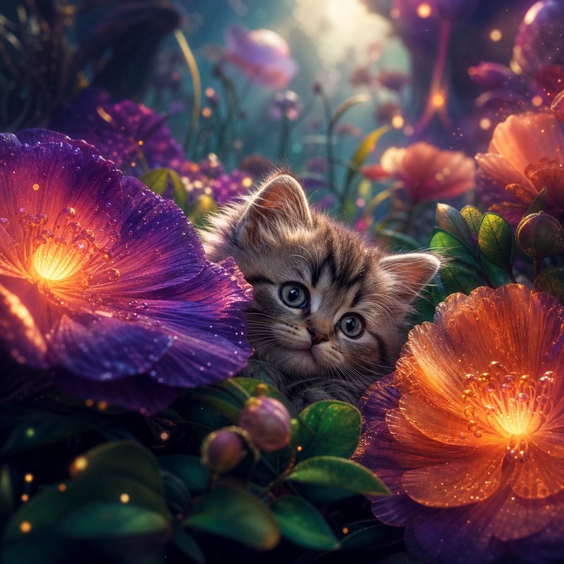 Cute kitten peeking from between glowing purple and orange flowers in a magical garden.