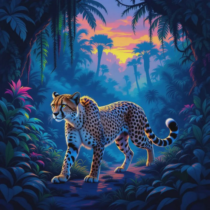 Cheetah standing in a vibrant jungle at sunset with blue-toned foliage.