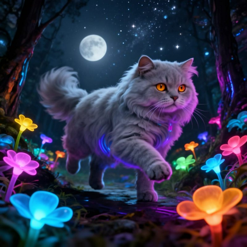 Fluffy gray cat walking through a neon-lit forest with glowing colorful flowers under a full moon.