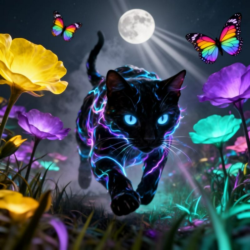 Neon-lit black cat sprinting through glowing multicolored flowers under a full moon.