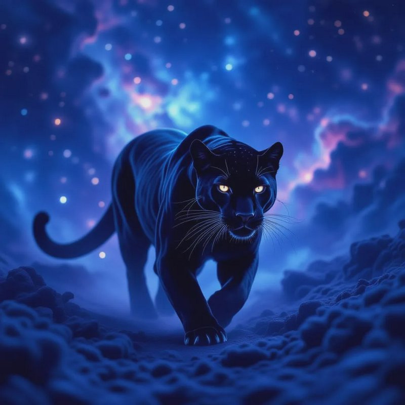 Blue neon panther prowling through a starry, nebula-lit night sky.