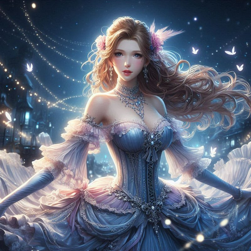 Fantasy princess in an ornate blue ballgown with flowing hair and glowing lights.