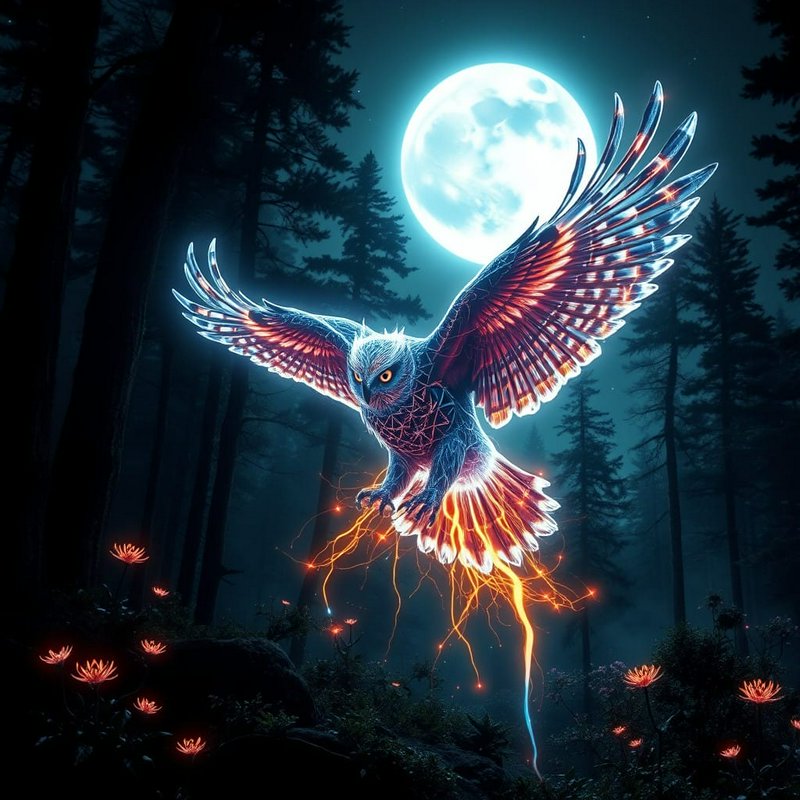 Night scene of a glowing blue-fire owl with wings spread in a moonlit forest