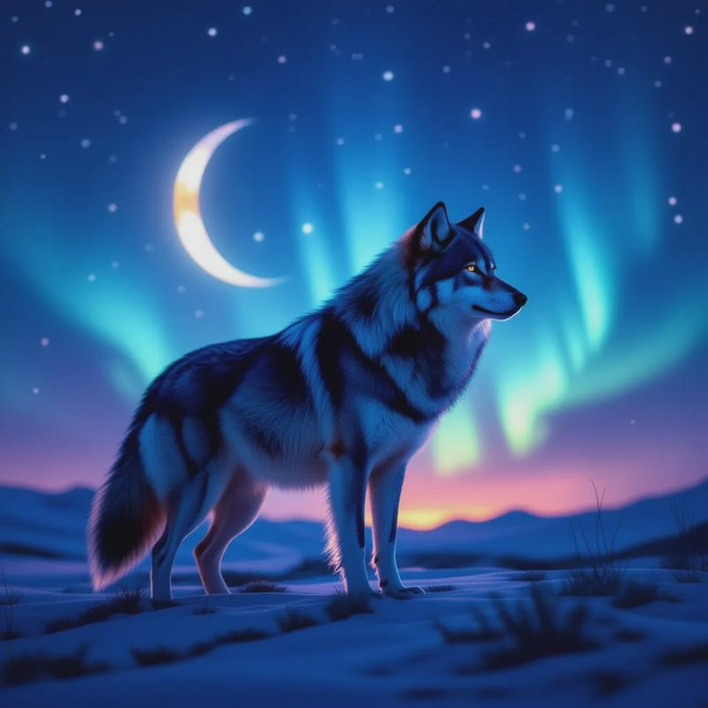 Blue-toned wolf standing in a snowy night under the northern lights and crescent moon.
