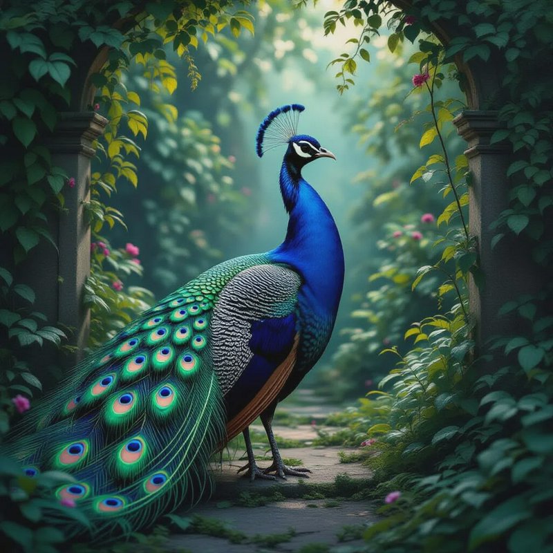 Colorful peacock standing on a stone path amid lush garden arches and greenery.