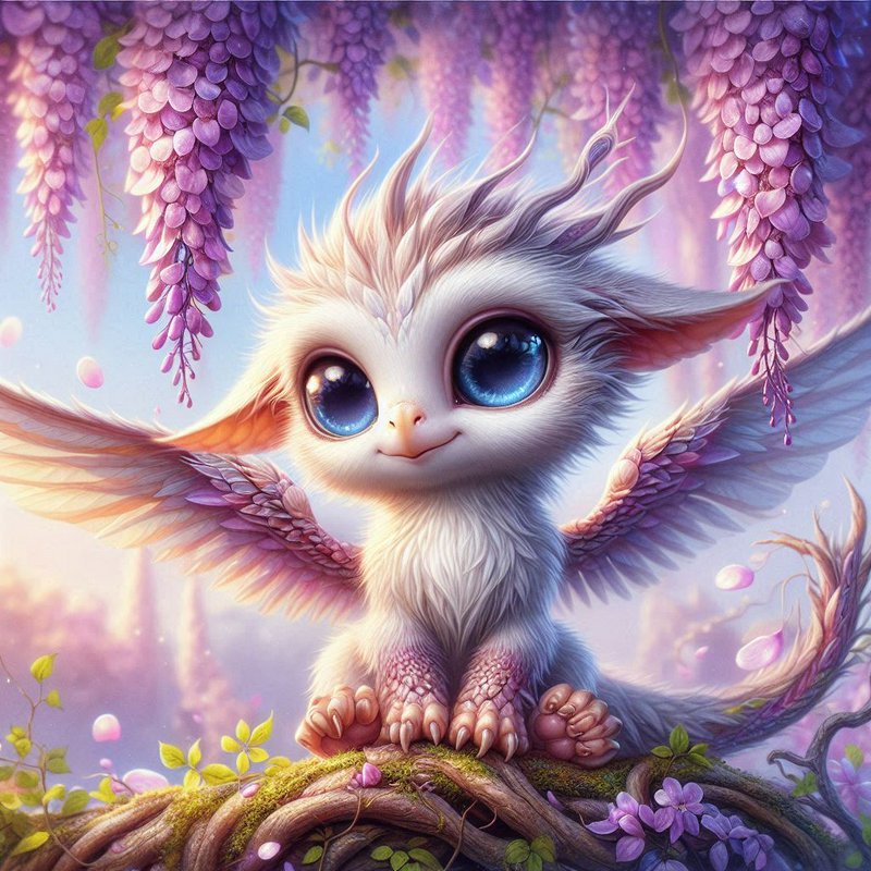 Adorable white fantasy dragon cub with large blue eyes and wings in a purple wisteria-filled magical garden.