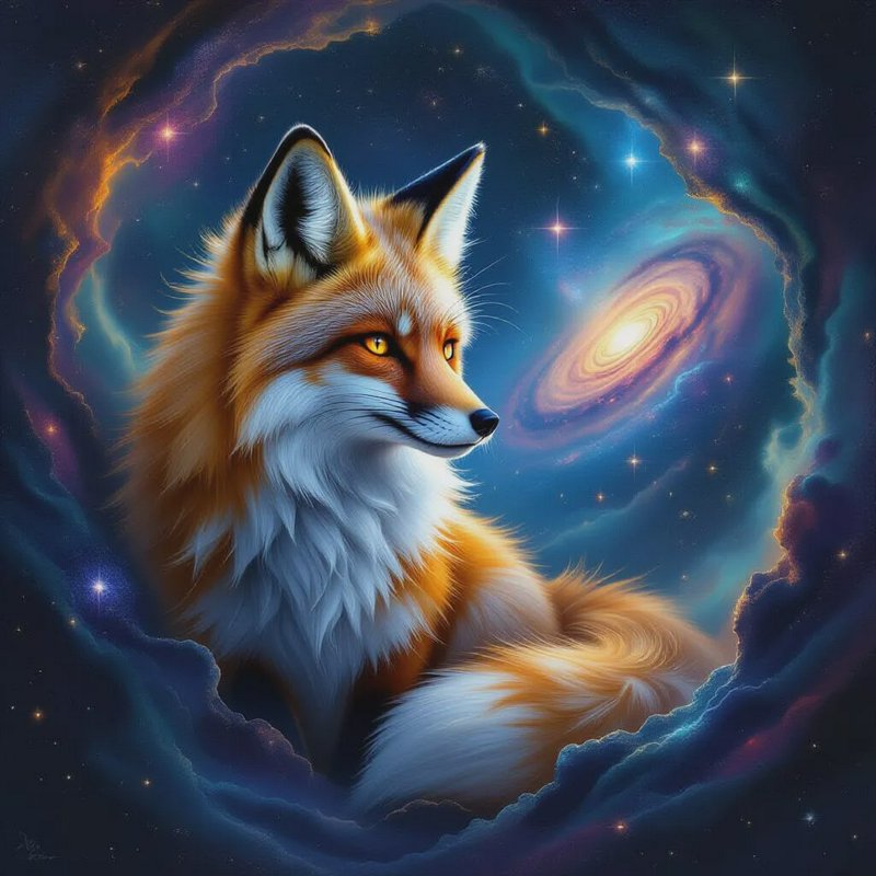 Vibrant fox portrait in a cosmic nebula with swirling colors and stars.
