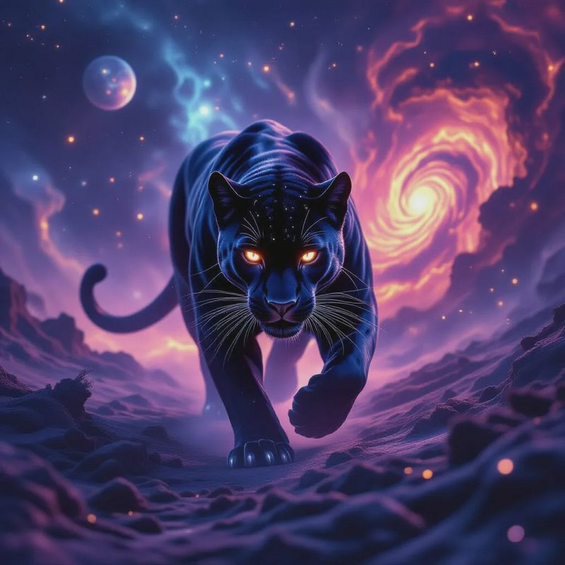 Nebula-lit panther stalking forward through a surreal, cosmic landscape