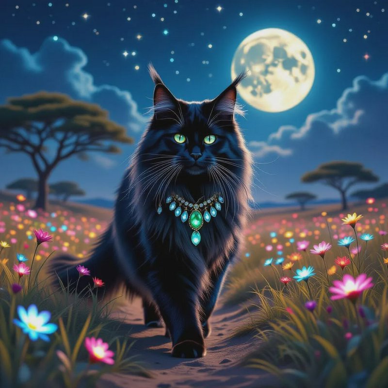 Black cat wearing a turquoise jewel necklace walks through a moonlit field of colorful flowers.