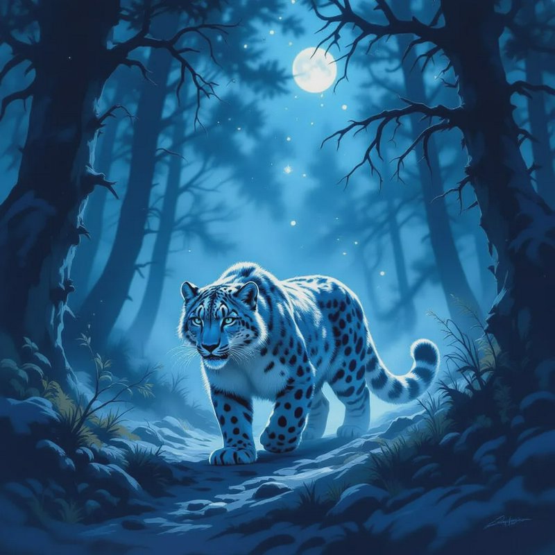 Blue-toned snow leopard walking through a moonlit forest at night.