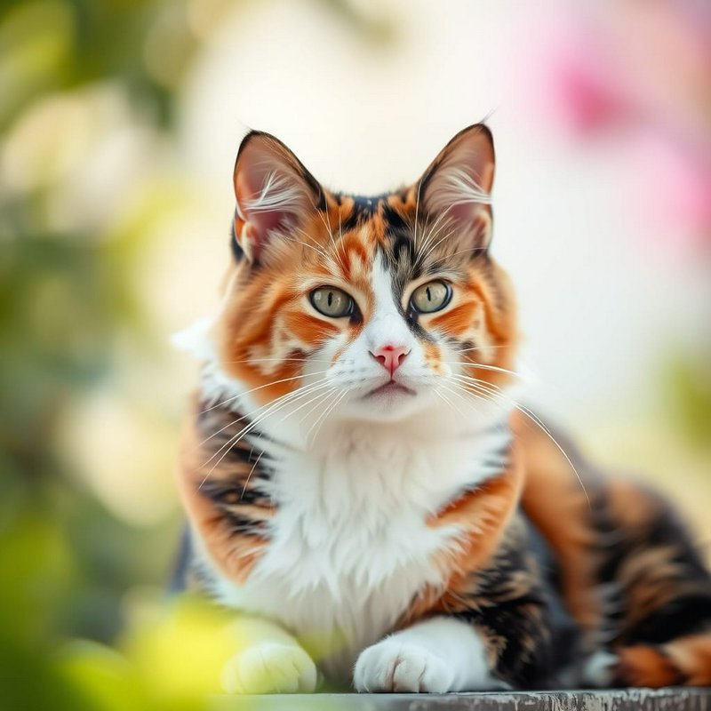 Close-up of a calico cat with orange, black, and white fur gazing at the camera.