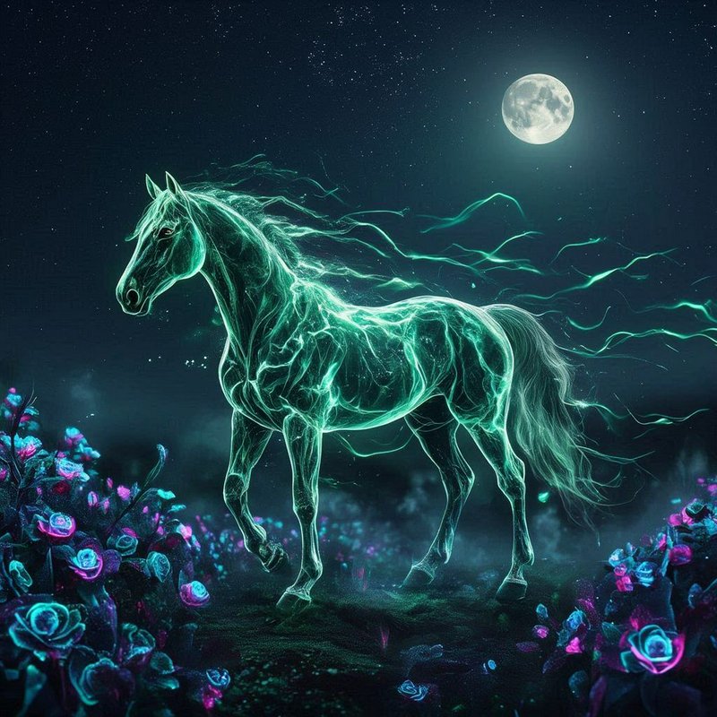 Bioluminescent neon horse standing in a moonlit night among glowing blue-purple flowers.