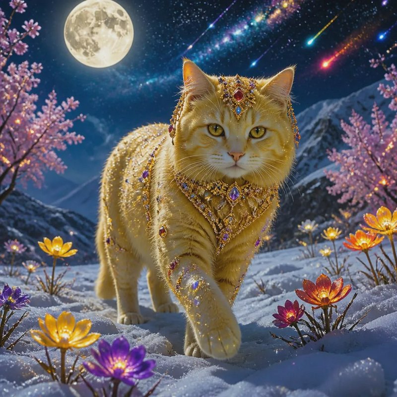 Gold cat wearing ornate jewels walks through a snowy field under a full moon