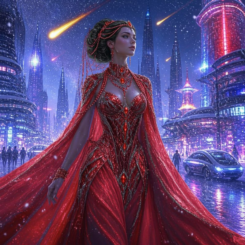 Regal woman in an ornate ruby red gown stands in a snowy neon futuristic city under a starry sky with shooting stars