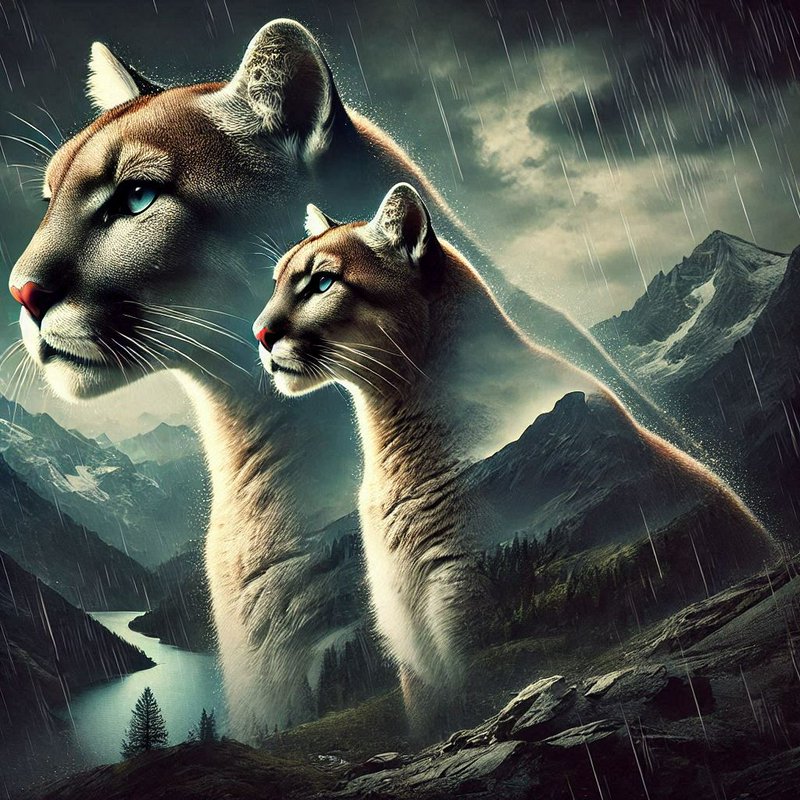 Surreal double exposure of two side-profile cougars overlapping a rainy alpine mountain wilderness landscape
