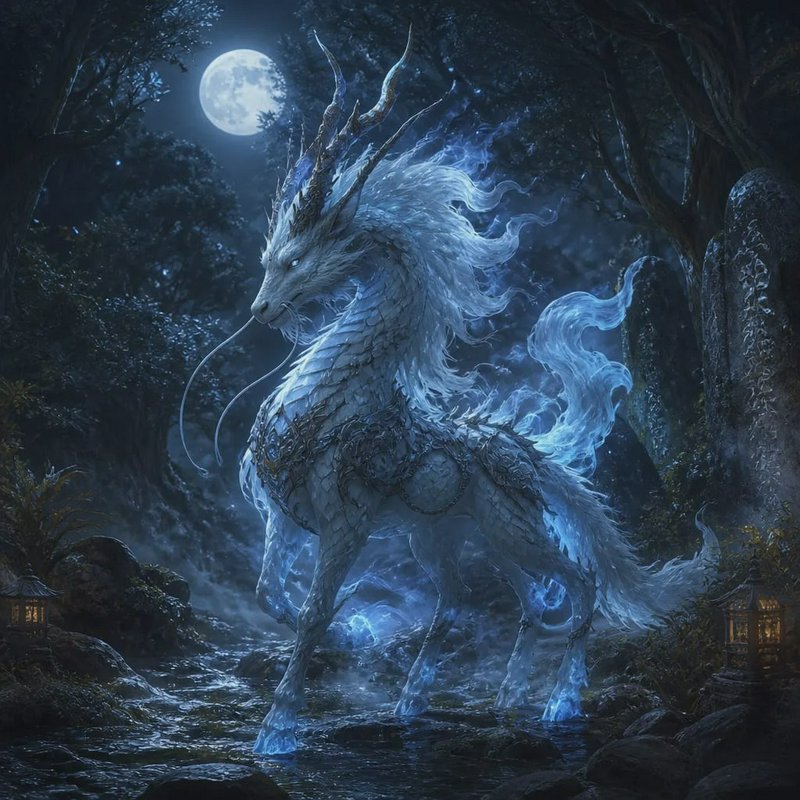 Ethereal glowing white-blue qilin mythical beast stands in a moonlit misty forest stream under a bright full moon.