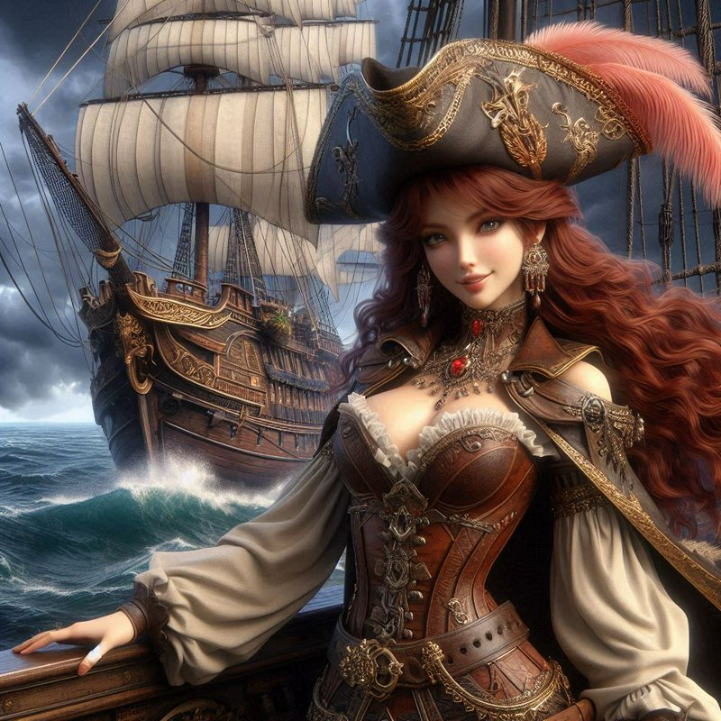 Female pirate captain with long red hair and ornate tricorn stands on ship deck, tall galleon on stormy sea behind her