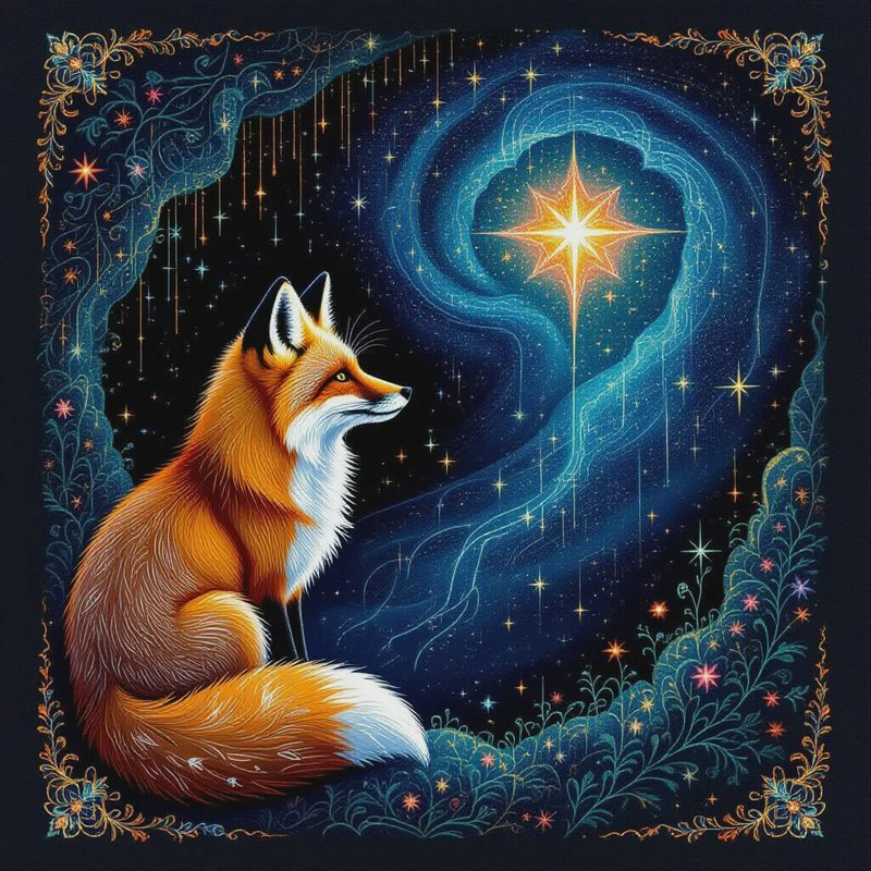 Fantasy illustration of a red fox gazing at a bright glowing star in a swirling starry sky, framed by ornate decorative
