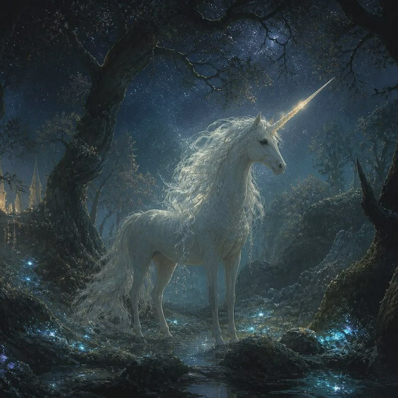 Graceful white unicorn with glowing golden horn standing in a starry enchanted forest at midnight.