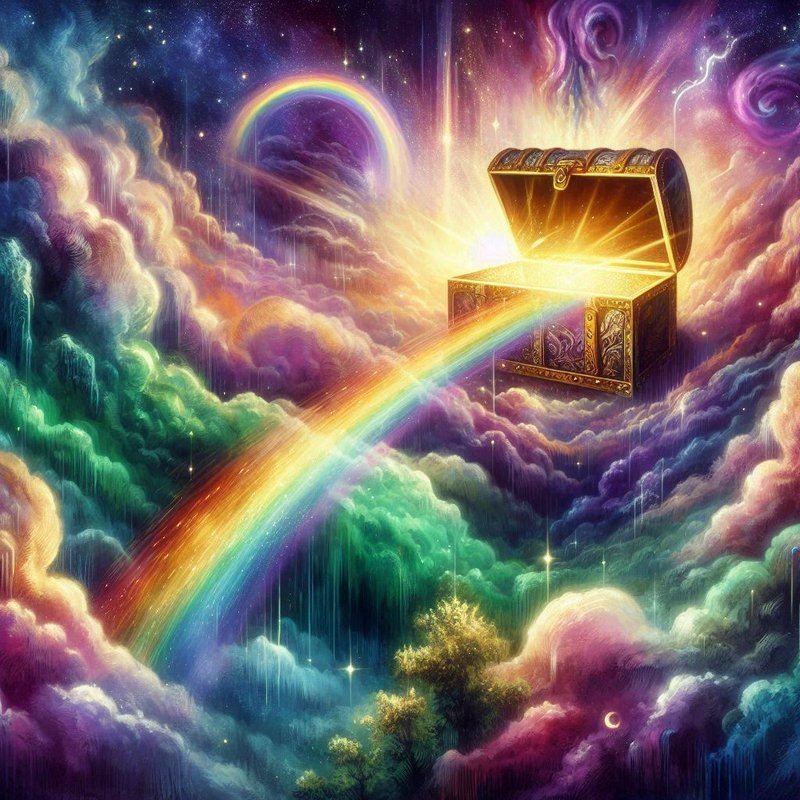 Open ornate glowing treasure chest floats above pastel cosmic clouds, emitting a radiant rainbow beam across a starry