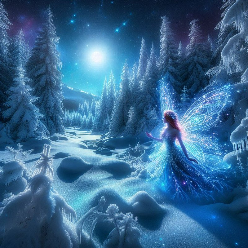 Ethereal ice fairy with glowing crystal wings stands in a moonlit snow-covered pine forest under a starry winter night sky